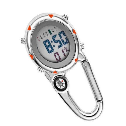 Mountain Climbing Watch Orange for Everyday Outdoor Use - compact digital carabiner watch with compass, date and clear display