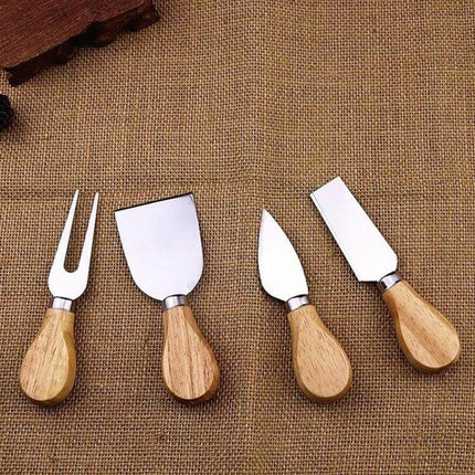 Cheese Knife Set 4-In-1 For Cheese Boards At Home Everyday – compact stainless steel and natural bamboo handle knife, fork, spreader, razor for small to medium cheeses