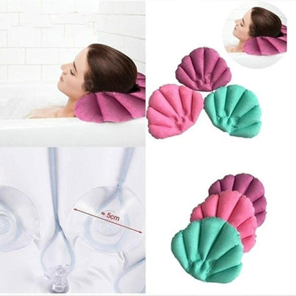 An Inflatable Pillow for Comfortable Home Baths pink shell-shaped bath pillow providing neck and head support, adjustable inflation