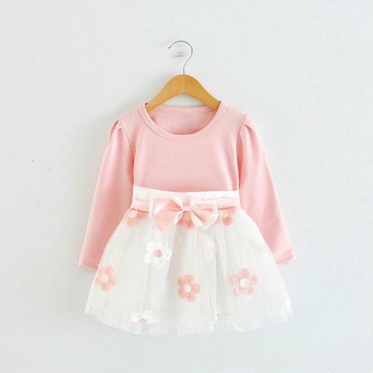 Charming Floral Bow-Knot Long Sleeve Dress for Autumn Girls