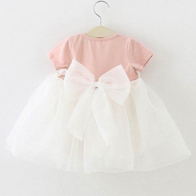 Girls Splicing Lace Mesh Princess Dress with Bow-knot 70cm 80cm 90cm 100cm