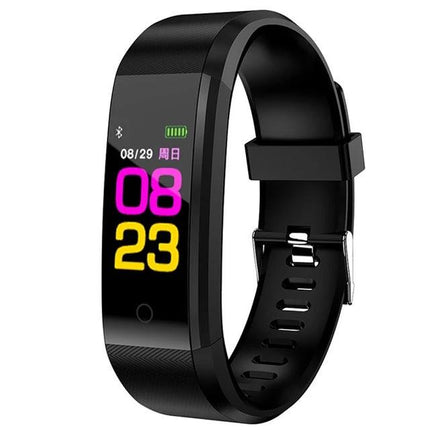 Versatile Smart Watch for Everyday Activity Tracking slim black fitness tracker showing time, date, battery and colorful digital display