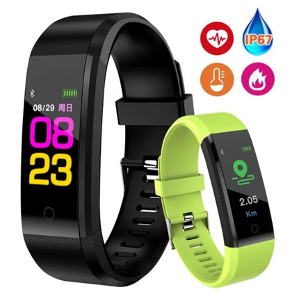 Versatile Smart Watch for Everyday Activity Tracking - black and lime fitness tracker showing time, heart rate, step distance and IP67 icons