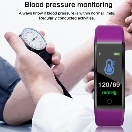 Versatile Smart Watch for Everyday Activity Tracking purple fitness band showing blood pressure 120/69 mmHg on screen