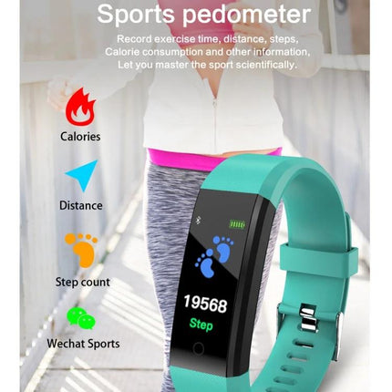 Versatile Smart Watch for Everyday Activity Tracking turquoise fitness band showing step count, heart rate and activity icons