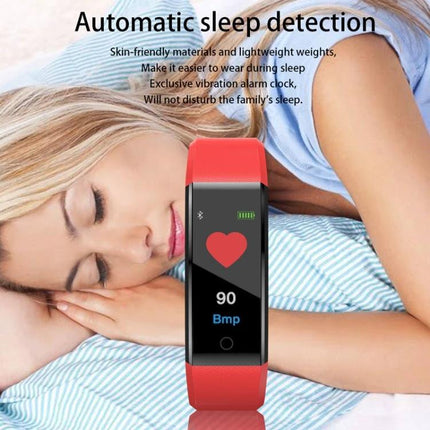Versatile Smart Watch for Everyday Activity Tracking showing red fitness tracker displaying heart rate 90 BPM with sleeping woman in background