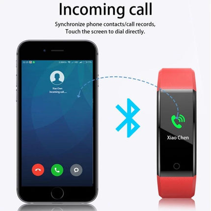 Versatile Smart Watch for Everyday Activity Tracking showing incoming call notification via Bluetooth between smartphone and red fitness band