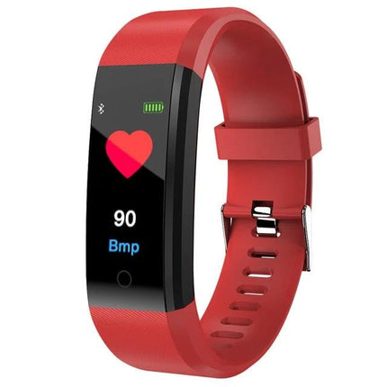 Versatile Smart Watch for Everyday Activity Tracking red fitness tracker showing heart rate 90 bpm, slim design for runs and calls