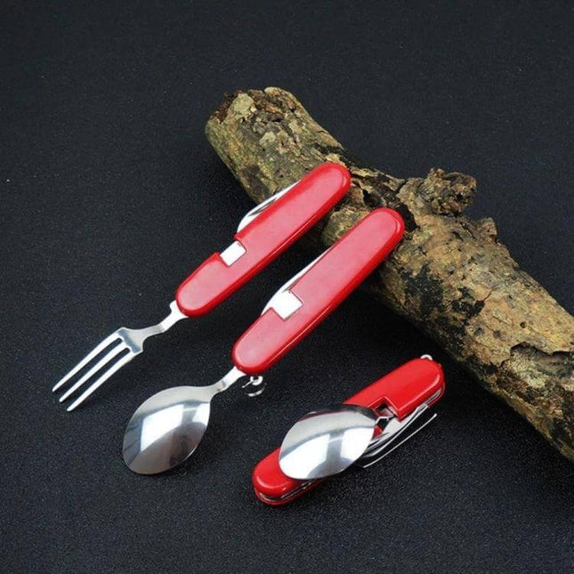 Outdoor Folding Cutlery Set Stainless Steel 4 In 1 For Camping compact red folding knife spoon fork bottle opener set