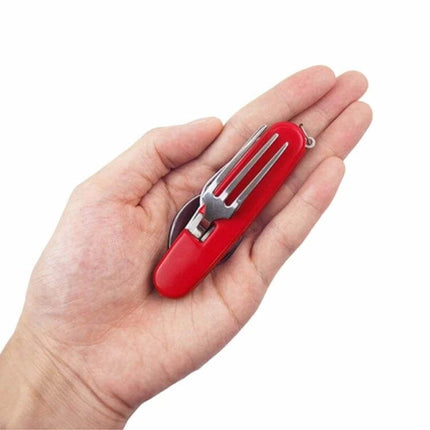 Outdoor Folding Cutlery Set Stainless Steel 4 In 1 For Camping - red compact folding fork/knife spoon bottle opener shown in hand