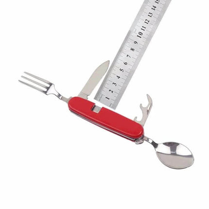 Outdoor Folding Cutlery Set Stainless Steel 4 In 1 For Camping compact red multi-tool with fork spoon knife and bottle opener