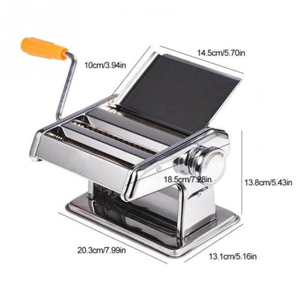 Stainless Steel Pasta Making Machine For Home Kitchen Use - compact stainless steel manual pasta and wrapper roller with crank, measurements shown