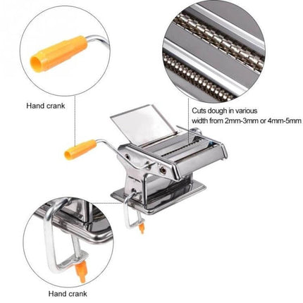 Stainless Steel Pasta Making Machine For Home Kitchen Use - compact stainless pasta maker presses dumpling and wonton wrappers, includes hand crank and cutter