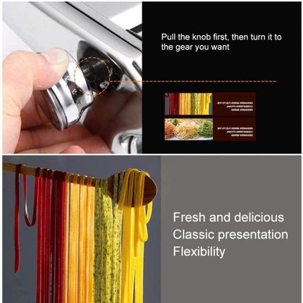 Stainless Steel Pasta Making Machine For Home Kitchen Use showing knob adjustment and colorful fresh pasta strands