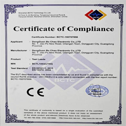 Test Probe for Electrical Testing and Auto Repair Tools certificate showing CE compliance and product details