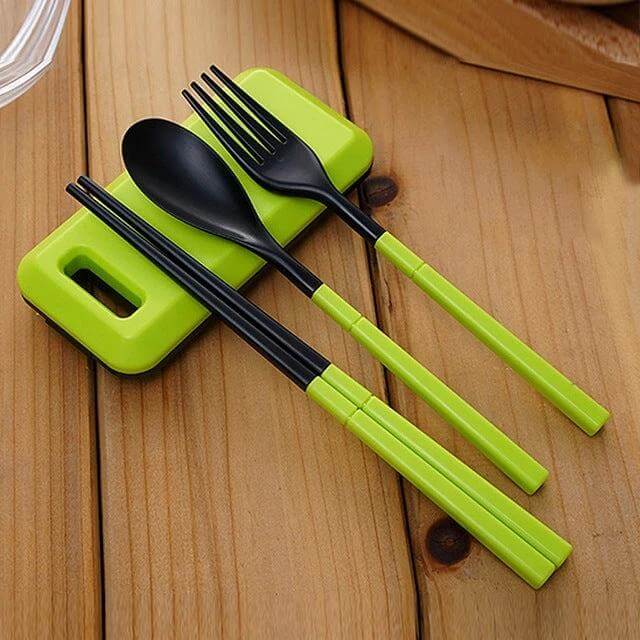 3 In 1 ABS Folding Dinnerware Cutlery Set With Storage Box For Camping green-black foldable spoon fork chopsticks on slim storage box