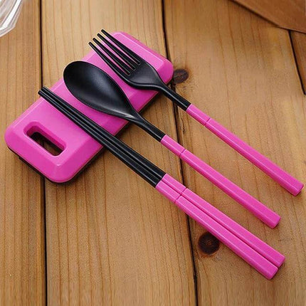 3 In 1 ABS Folding Dinnerware Cutlery Set With Storage Box For Camping - Pink ABS folding spoon fork chopsticks with slim storage box