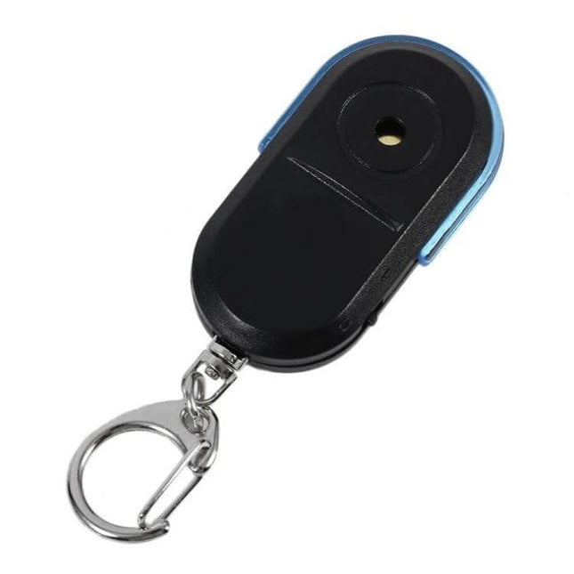 Portable Whistle-Activated Key Finder with LED Light and Sound - compact black keychain with whistle-activated beep and LED for finding lost keys