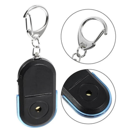 Portable Whistle-Activated Key Finder with LED Light and Sound small black keychain with carabiner, whistle-activated beeper and flashing LED