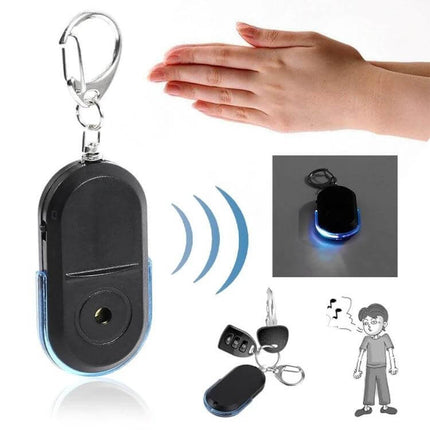 Portable Whistle-Activated Key Finder with LED Light and Sound on keyring, flashing blue LED and whistle-activated beeps to locate lost keys