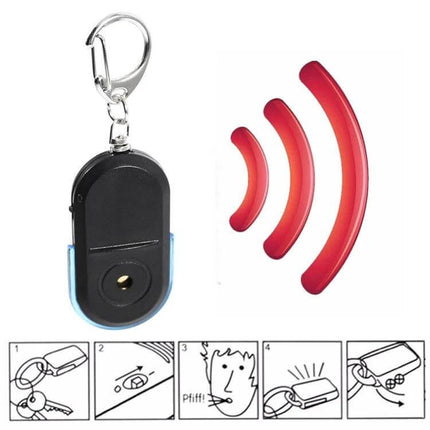 Portable Whistle-Activated Key Finder with LED Light and Sound on keyring emitting beeps and flashes for locating lost keys quickly