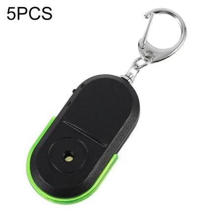 Portable Whistle-Activated Key Finder with LED Light and Sound keychain device showing black oval fob with LED edge and metal clip