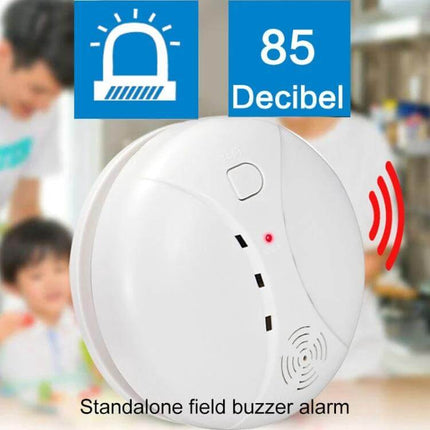 Wireless Smoke Detector for Home Fire Safety and Security white photoelectric alarm showing 85 decibel and wireless alert, easy installation, bedroom/kitchen use