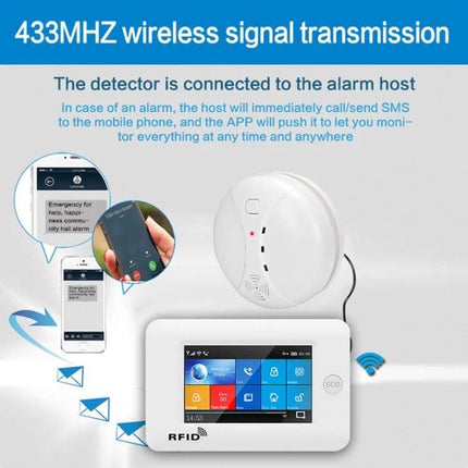 Wireless Smoke Detector for Home Fire Safety and Security mounted near alarm host with smartphone app showing wireless 433MHz alerts
