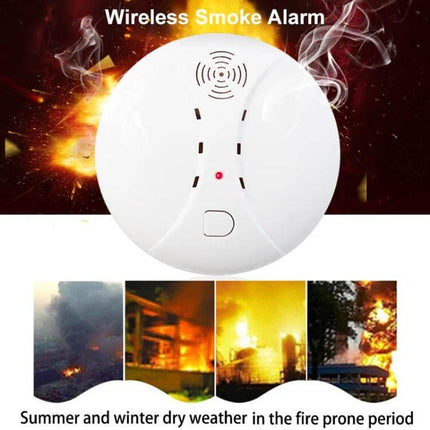 Wireless Smoke Detector for Home Fire Safety and Security white photoelectric alarm mounted with smoke and fire background