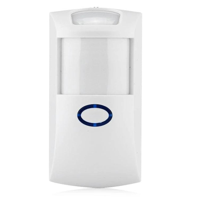 Wireless Infrared Motion Sensor for Home Security Detection — white wireless PIR detector with blue indicator for door and window monitoring