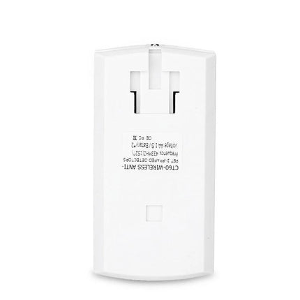Wireless Infrared Motion Sensor for Home Security Detection white wall-mounted sensor back view, compact wireless motion detector for doors and windows