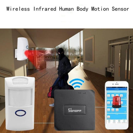 Wireless Infrared Motion Sensor for Home Security Detection mounted near a door detecting an intruder and sending alerts to a smartphone