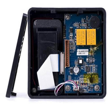 ZKTeco Fingerprint Attendance and Access Control Device for Offices internal circuit board and wiring shown with open casing