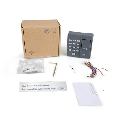 ZKTeco Fingerprint Attendance and Access Control Device for Offices showing device, wiring, RFID card and installation accessories