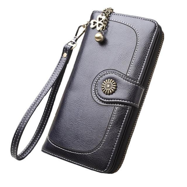 Retro Floral Button Wallet for Women - Vintage Leather Zipper Clutch with Multi-functional Design