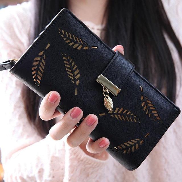 Long Gold Hollow Leaves Coin Purse Card Holders Wallet for Women 