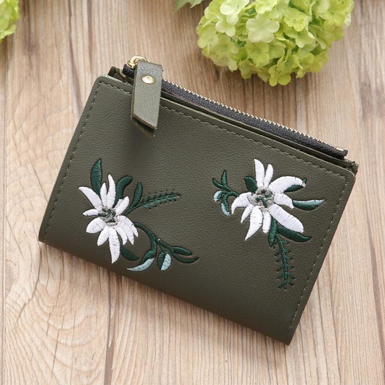 Floral Embroidered PU Leather Wallet for Women - Compact Zipper Coin Purse with Card Holders