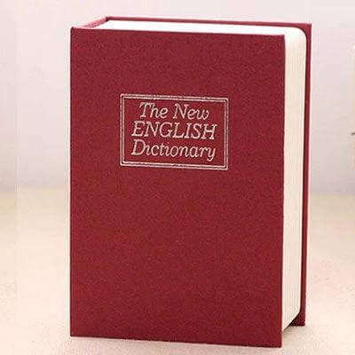 Compact Dictionary-Style Safe Box for Hiding Valuables and Jewelry disguised as a red dictionary for discreet jewelry and cash storage