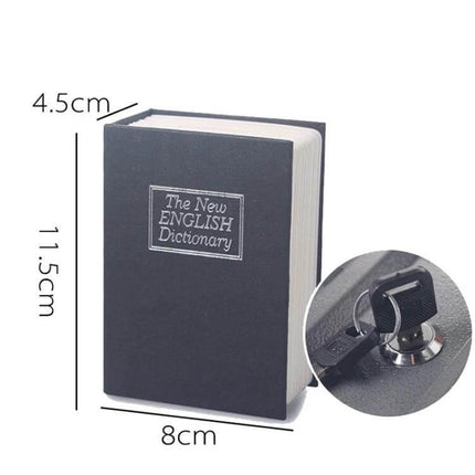 Compact Dictionary-Style Safe Box for Hiding Valuables and Jewelry shown as a small black faux dictionary with key lock, ideal for hiding jewelry and cash