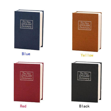 Compact Dictionary-Style Safe Box for Hiding Valuables and Jewelry in blue, yellow, red and black bookshelf disguise