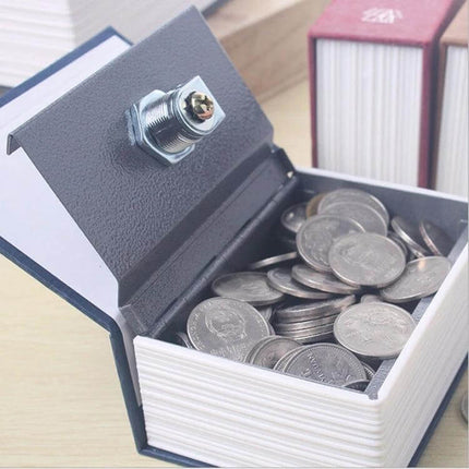 Compact Dictionary-Style Safe Box for Hiding Valuables and Jewelry open on desk with coins inside, disguised as a book for discreet home storage