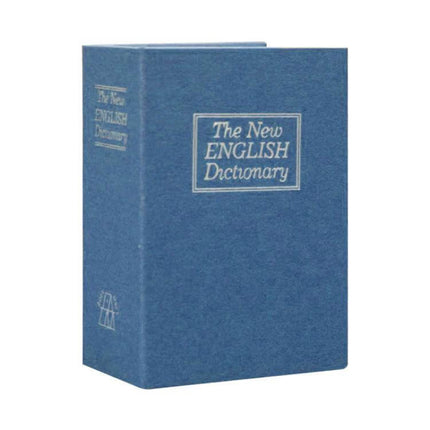 Compact Dictionary-Style Safe Box for Hiding Valuables and Jewelry disguised as a blue faux book safe for jewelry and cash