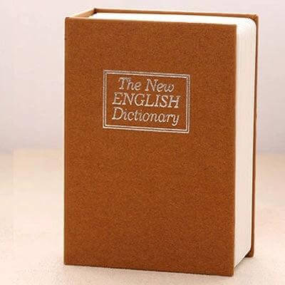 Compact Dictionary-Style Safe Box for Hiding Valuables and Jewelry disguised as a brown English dictionary book for discreet home storage