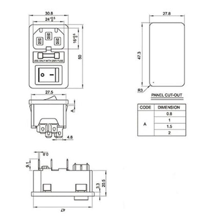 Pack of 10 Three-Pin Power Sockets with Safety Switch for Home Use technical drawing and dimensions diagram