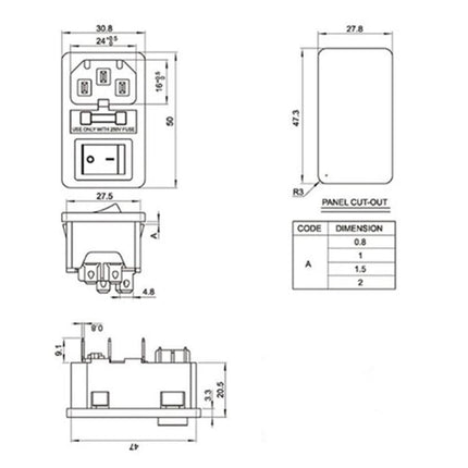 Pack of 10 Three-Pin Power Sockets with Safety Switch for Home Use technical dimension diagram showing front, side and panel cut-out views