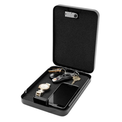 Mini Portable Black Car Safe for Valuables Storage - open steel safe holding phone, keys, watch and cash for secure in-car storage
