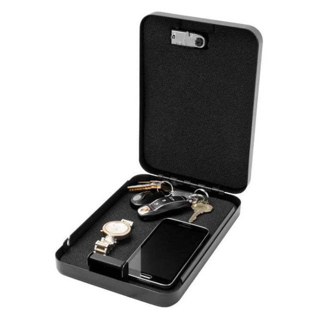 Mini Portable Black Car Safe for Valuables Storage - open steel safe holding phone, keys, watch and cash for secure in-car storage