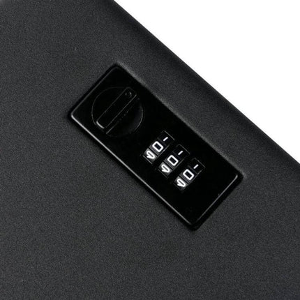 Mini Portable Black Car Safe for Valuables Storage showing close-up of three-digit mechanical password lock on black steel plate
