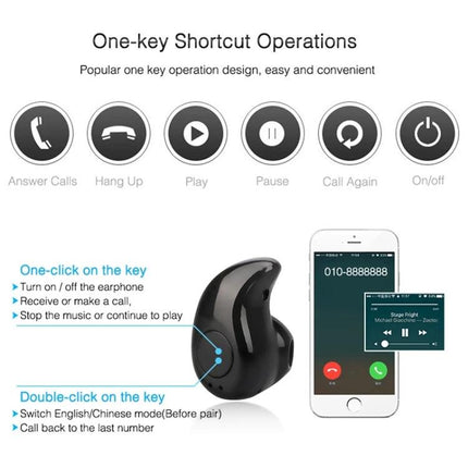 Mini In-Ear Sport Bluetooth Earbuds With Mic For Commuting compact single-earbud showing one-key shortcuts and smartphone pairing