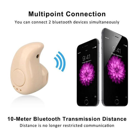 Mini In-Ear Sport Bluetooth Earbuds With Mic For Commuting beige single earbud showing multipoint pairing with two smartphones